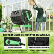 Compostor de Grădină Rotativ Outsunny 200L cu Cameră Dublă, Rotație 360°, Guri de Aerisire, Mănuși, din PP Fără BPA, pentru Compostare Deșeuri Organice din Bucătărie, Grădină și Curte | Aosom Romania