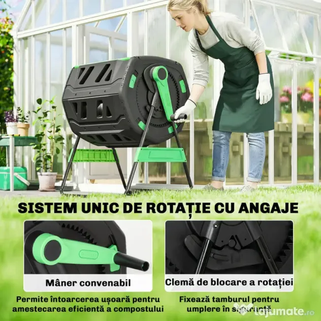 Compostor de Grădină Rotativ Outsunny 200L cu Cameră Dublă, Rotație 360°, Guri de Aerisire, Mănuși, din PP Fără BPA, pentru Compostare Deșeuri Organice din Bucătărie, Grădină și Curte | Aosom Romania