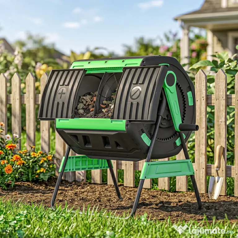 Compostor de Grădină Rotativ Outsunny 200L cu Cameră Dublă, Rotație 360°, Guri de Aerisire, Mănuși, din PP Fără BPA, pentru Compostare Deșeuri Organice din Bucătărie, Grădină și Curte | Aosom Romania