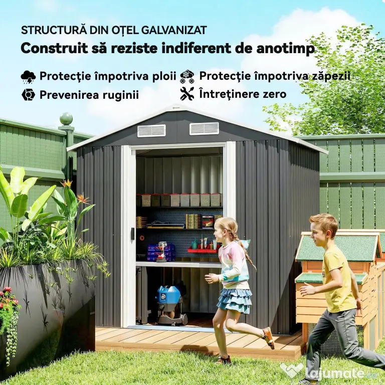 Outsunny Șopron de Grădină din Oțel cu 2 Uși Glisante, Negru, 2,6 m² | Aosom Romania