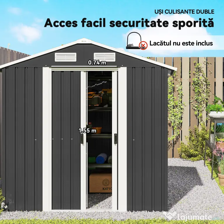 Outsunny Șopron de Grădină din Oțel cu 2 Uși Glisante, Negru, 2,6 m² | Aosom Romania
