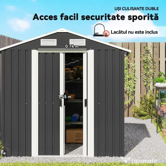 Outsunny Șopron de Grădină din Oțel cu 2 Uși Glisante, Negru, 2,6 m² | Aosom Romania