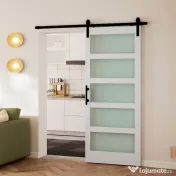 HOMCOM Ușă Glisantă 91.4x213.4cm cu Kit, Panouri din Sticlă, Aspect Lemn Alb | Aosom Romania