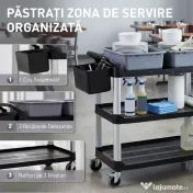 HOMCOM Carucior Profesional pentru Curățenie cu 3 Rafturi, 2 Recipiente Detașabile, Găleată Laterală și 4 Roți, Negru | Aosom Romania 