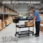HOMCOM Carucior Profesional pentru Curățenie cu 3 Rafturi, 2 Recipiente Detașabile, Găleată Laterală și 4 Roți, Negru | Aosom Romania 