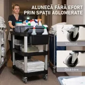 HOMCOM Carucior Profesional pentru Curățenie cu 3 Rafturi, 2 Recipiente Detașabile, Găleată Laterală și 4 Roți, Negru | Aosom Romania 