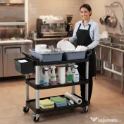 HOMCOM Carucior Profesional pentru Curățenie cu 3 Rafturi, 2 Recipiente Detașabile, Găleată Laterală și 4 Roți, Negru | Aosom Romania 
