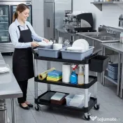 HOMCOM Carucior Profesional pentru Curățenie cu 3 Rafturi, 2 Recipiente Detașabile, Găleată Laterală și 4 Roți, Negru | Aosom Romania 