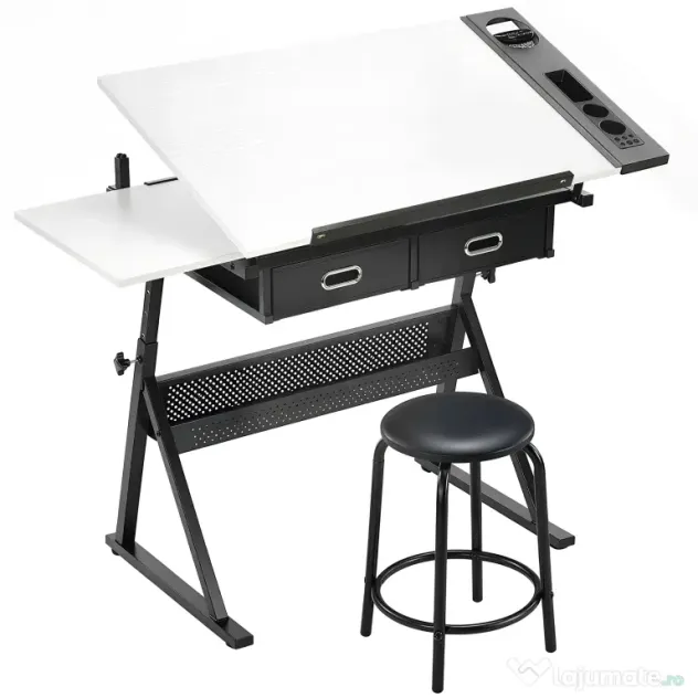 HOMCOM Masă de desen cu taburet și 2 sertare, înălțime reglabilă, blat înclinabil 0° à 60°, 120 x 60 x 68-92 cm, alb | Aosom Romania