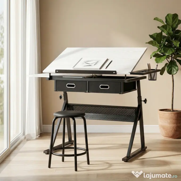 HOMCOM Masă de desen cu taburet și 2 sertare, înălțime reglabilă, blat înclinabil 0° à 60°, 120 x 60 x 68-92 cm, alb | Aosom Romania