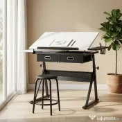 HOMCOM Masă de desen cu taburet și 2 sertare, înălțime reglabilă, blat înclinabil 0° à 60°, 120 x 60 x 68-92 cm, alb | Aosom Romania 
