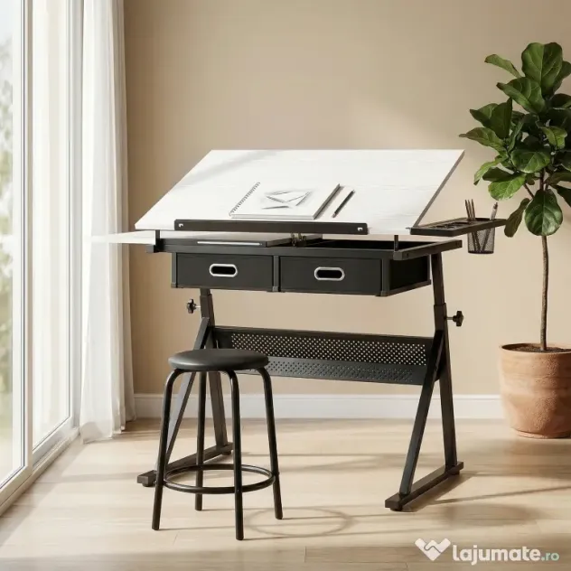 HOMCOM Masă de desen cu taburet și 2 sertare, înălțime reglabilă, blat înclinabil 0° à 60°, 120 x 60 x 68-92 cm, alb | Aosom Romania