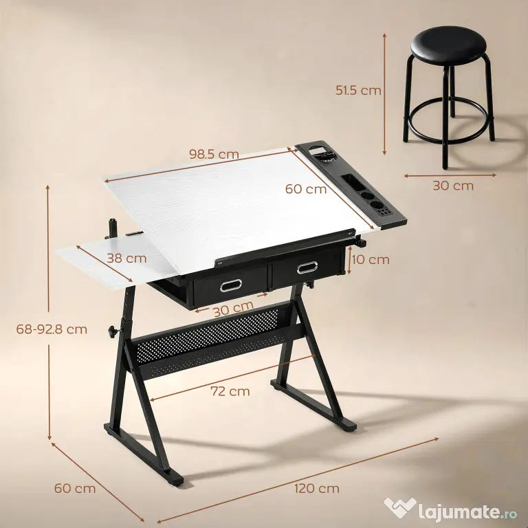 HOMCOM Masă de desen cu taburet și 2 sertare, înălțime reglabilă, blat înclinabil 0° à 60°, 120 x 60 x 68-92 cm, alb | Aosom Romania