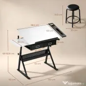 HOMCOM Masă de desen cu taburet și 2 sertare, înălțime reglabilă, blat înclinabil 0° à 60°, 120 x 60 x 68-92 cm, alb | Aosom Romania 
