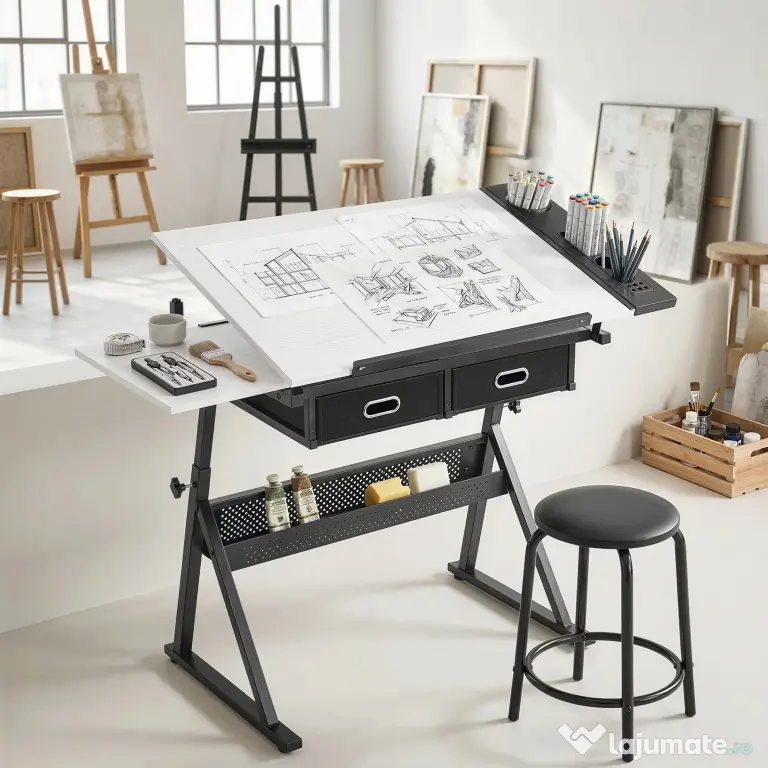 HOMCOM Masă de desen cu taburet și 2 sertare, înălțime reglabilă, blat înclinabil 0° à 60°, 120 x 60 x 68-92 cm, alb | Aosom Romania