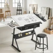 HOMCOM Masă de desen cu taburet și 2 sertare, înălțime reglabilă, blat înclinabil 0° à 60°, 120 x 60 x 68-92 cm, alb | Aosom Romania 