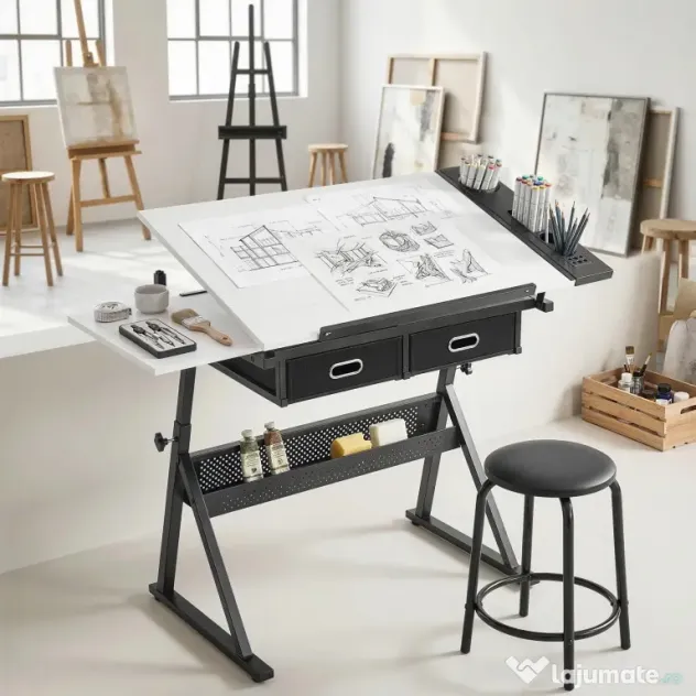 HOMCOM Masă de desen cu taburet și 2 sertare, înălțime reglabilă, blat înclinabil 0° à 60°, 120 x 60 x 68-92 cm, alb | Aosom Romania