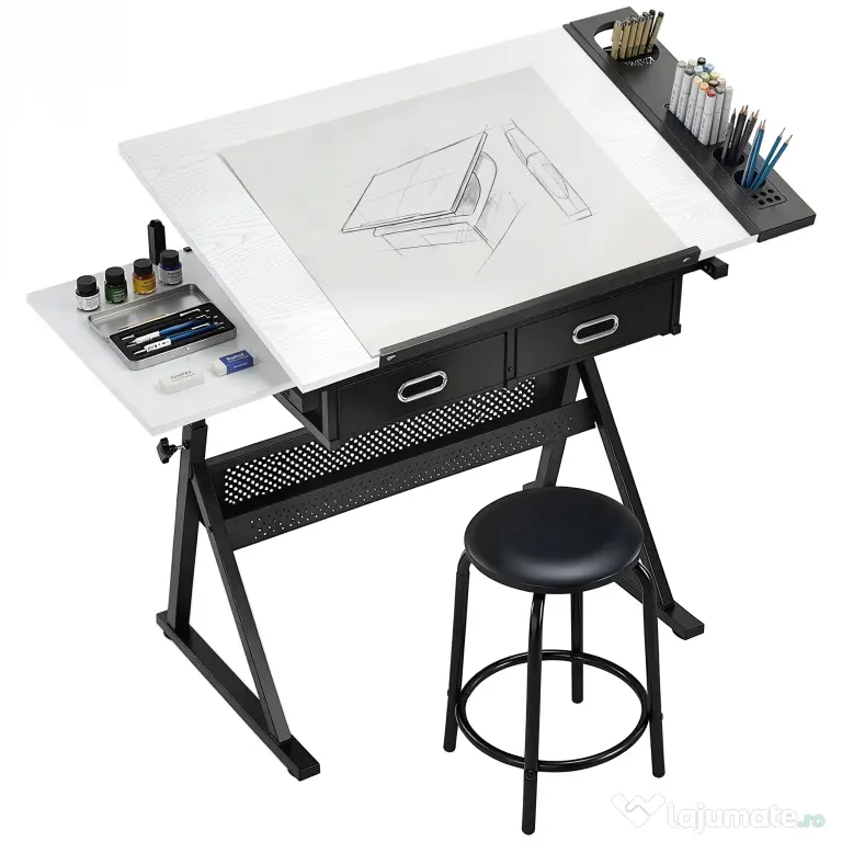 HOMCOM Masă de desen cu taburet și 2 sertare, înălțime reglabilă, blat înclinabil 0° à 60°, 120 x 60 x 68-92 cm, alb | Aosom Romania