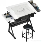 HOMCOM Masă de desen cu taburet și 2 sertare, înălțime reglabilă, blat înclinabil 0° à 60°, 120 x 60 x 68-92 cm, alb | Aosom Romania 