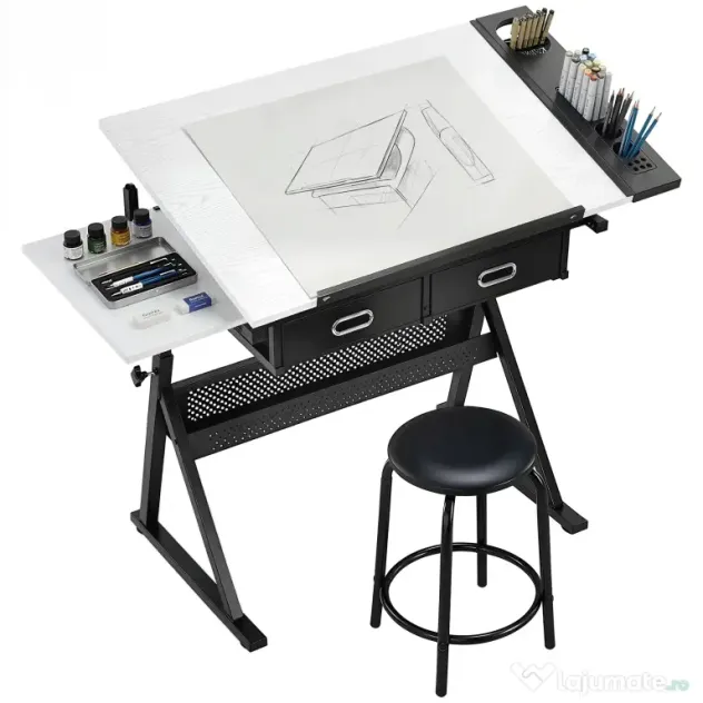 HOMCOM Masă de desen cu taburet și 2 sertare, înălțime reglabilă, blat înclinabil 0° à 60°, 120 x 60 x 68-92 cm, alb | Aosom Romania