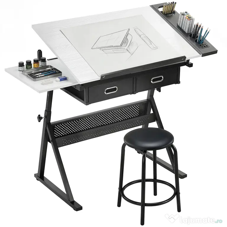 HOMCOM Masă de desen cu taburet și 2 sertare, înălțime reglabilă, blat înclinabil 0° à 60°, 120 x 60 x 68-92 cm, alb | Aosom Romania