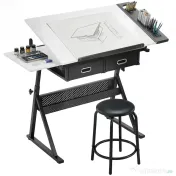 HOMCOM Masă de desen cu taburet și 2 sertare, înălțime reglabilă, blat înclinabil 0° à 60°, 120 x 60 x 68-92 cm, alb | Aosom Romania 
