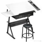HOMCOM Masă de desen cu taburet și 2 sertare, înălțime reglabilă, blat înclinabil 0° à 60°, 120 x 60 x 68-92 cm, alb