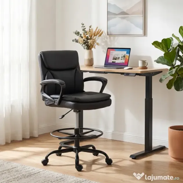 HOMCOM Scaun de desen Scaun de birou ergonomic rotativ cu înălțime și suport pentru picioare reglabil Negru | Aosom Romania