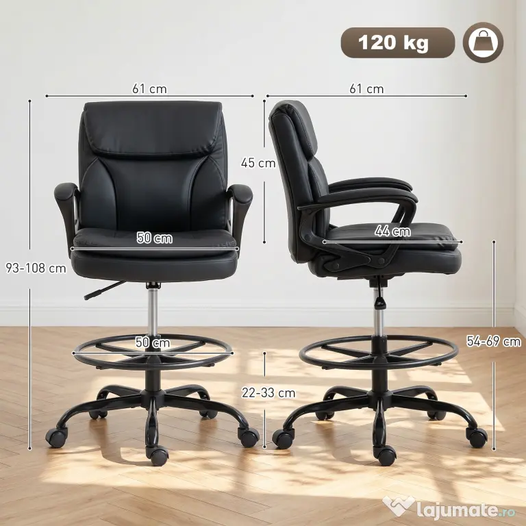 HOMCOM Scaun de desen Scaun de birou ergonomic rotativ cu înălțime și suport pentru picioare reglabil Negru | Aosom Romania