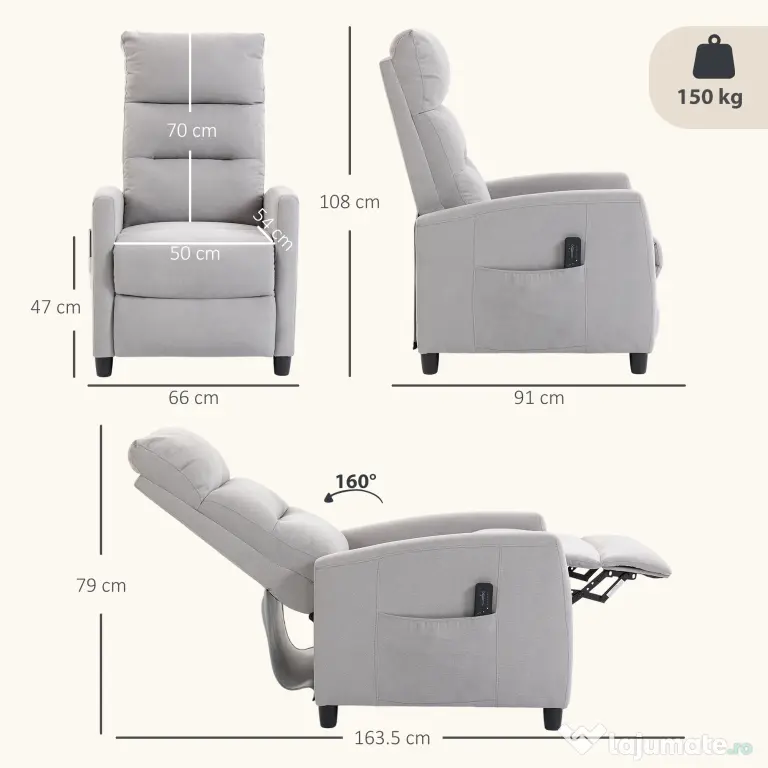 HOMCOM Fotoliu Masaj Reclinabil Manual 160° Chenille cu Suport pentru Picioare, Telecomandă și Buzunare, Gri Deschis | Aosom Romania