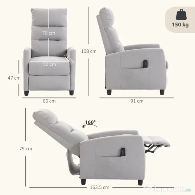 HOMCOM Fotoliu Masaj Reclinabil Manual 160° Chenille cu Suport pentru Picioare, Telecomandă și Buzunare, Gri Deschis | Aosom Romania