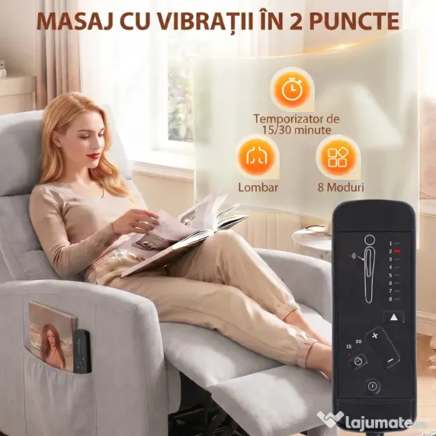 HOMCOM Fotoliu Masaj Reclinabil Manual 160° Chenille cu Suport pentru Picioare, Telecomandă și Buzunare, Gri Deschis | Aosom Romania