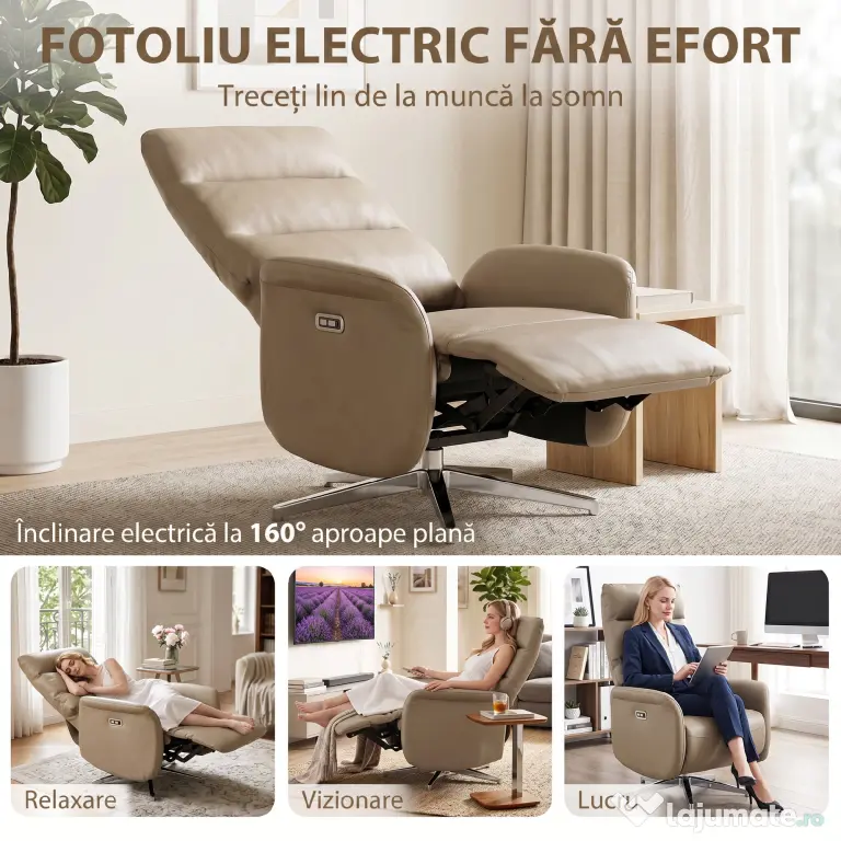 HOMCOM Fotoliu Electric Reclinabil și Rotativ cu Suport pentru Picioare, USB, Maro | Aosom Romania