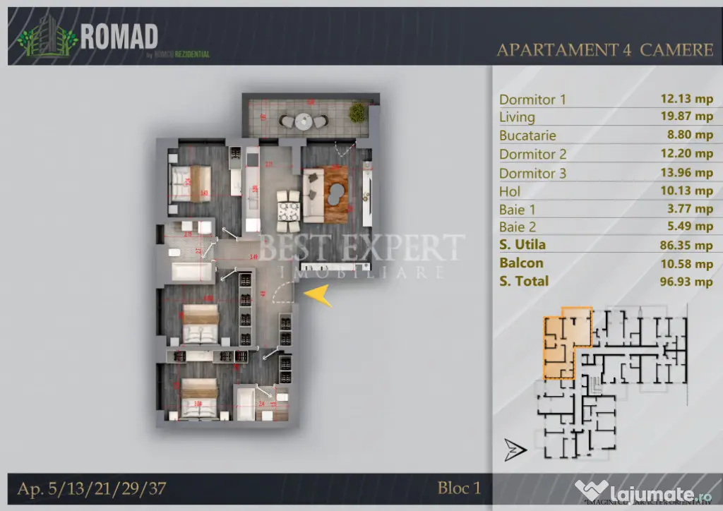 4 Camere pentru Familie | 96,93 mp Total | 2 Băi | Comision