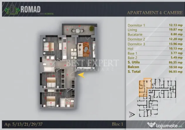 4 Camere pentru Familie | 96,93 mp Total | 2 Băi | Comision