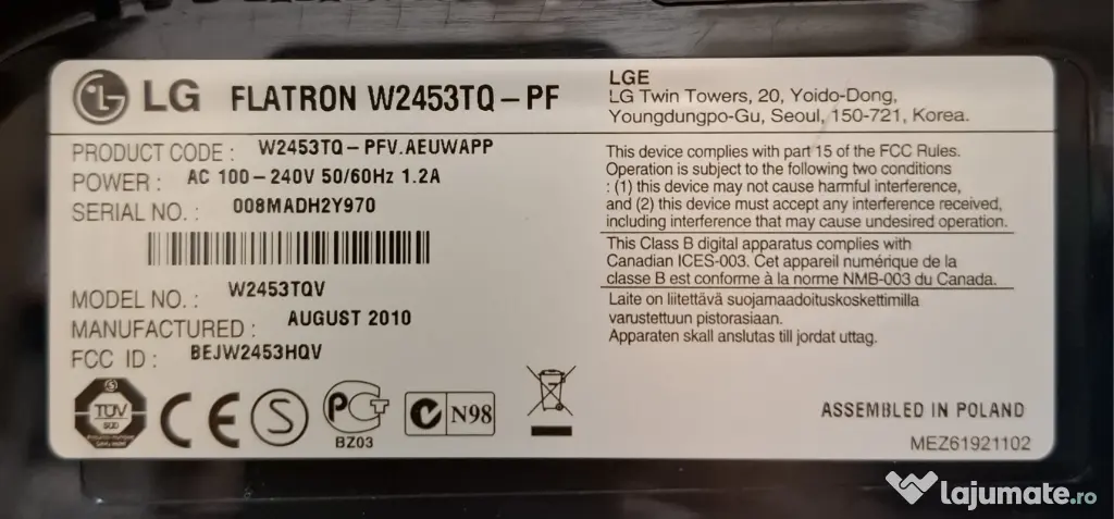 Monitor LCD 24 inch, LG Flatron W2453TQ-PF