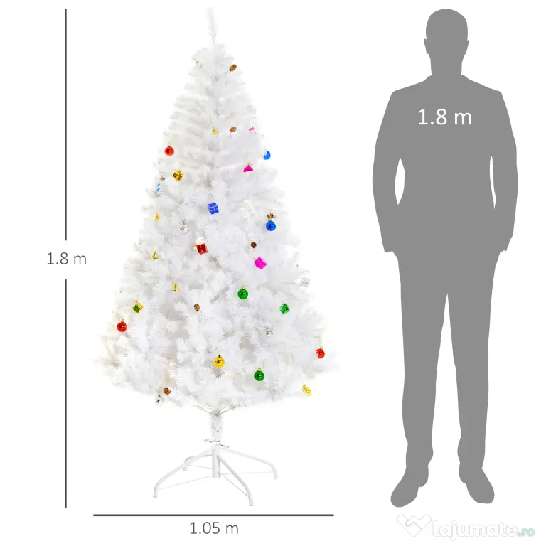 HOMCOM Brad de Crăciun 180 cm con 930 Ramuri Împodobit, Alb