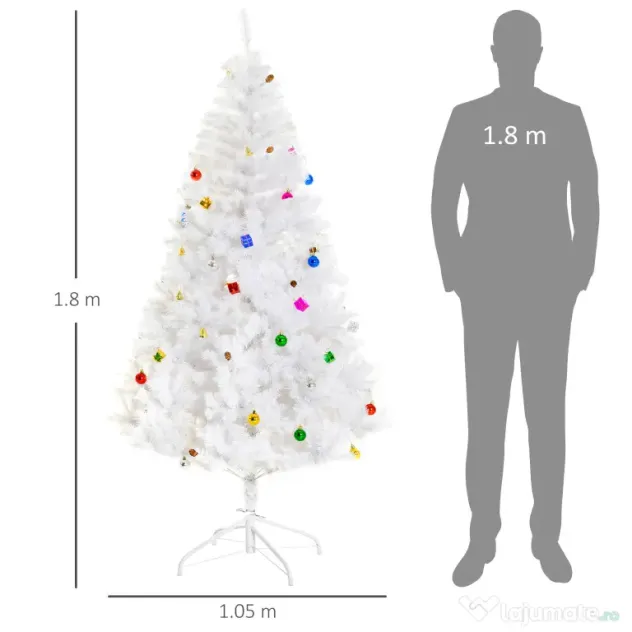 HOMCOM Brad de Crăciun 180 cm con 930 Ramuri Împodobit, Alb