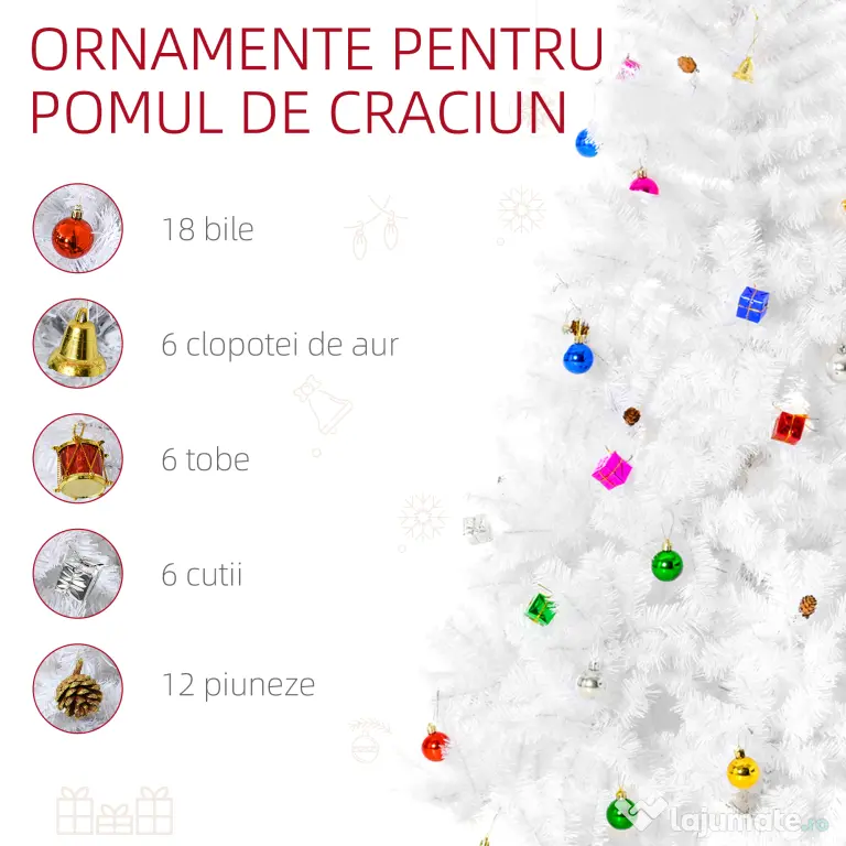 HOMCOM Brad de Crăciun 180 cm con 930 Ramuri Împodobit, Alb