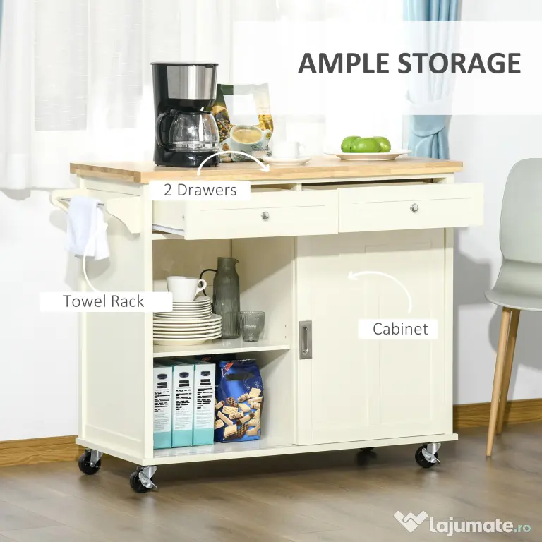 Homcom Insula Bucatarie – Lemn & MDF, Cu Sertare, Dulap & Roti