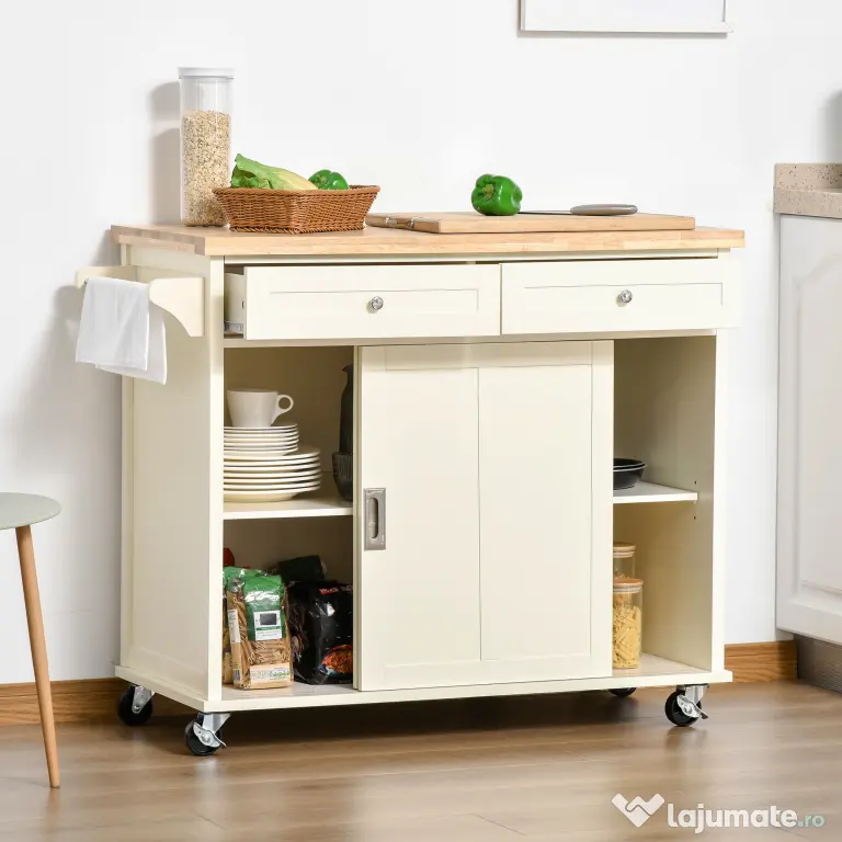 Homcom Insula Bucatarie – Lemn & MDF, Cu Sertare, Dulap & Roti