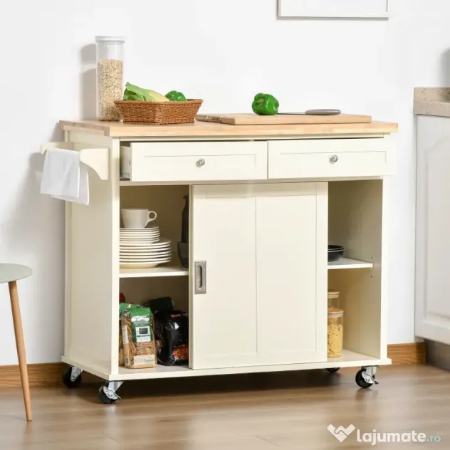 Homcom Insula Bucatarie – Lemn & MDF, Cu Sertare, Dulap & Roti