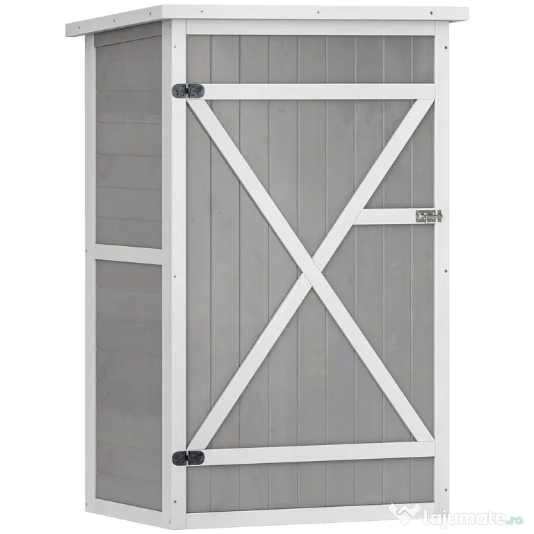 Outsunny Dulap de Grădină din Lemn, Căsuță pentru Scule și Unelte de Exterior cu 2 Rafturi și Acoperiș Impermeabil Bituminoas, 75x56x115 cm, Gri