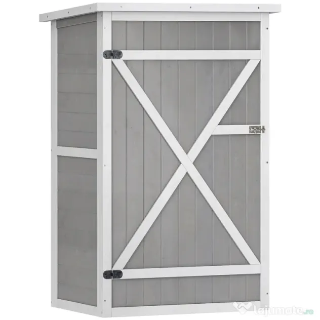 Outsunny Dulap de Grădină din Lemn, Căsuță pentru Scule și Unelte de Exterior cu 2 Rafturi și Acoperiș Impermeabil Bituminoas, 75x56x115 cm, Gri