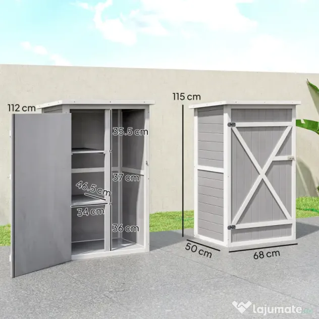 Outsunny Dulap de Grădină din Lemn, Căsuță pentru Scule și Unelte de Exterior cu 2 Rafturi și Acoperiș Impermeabil Bituminoas, 75x56x115 cm, Gri