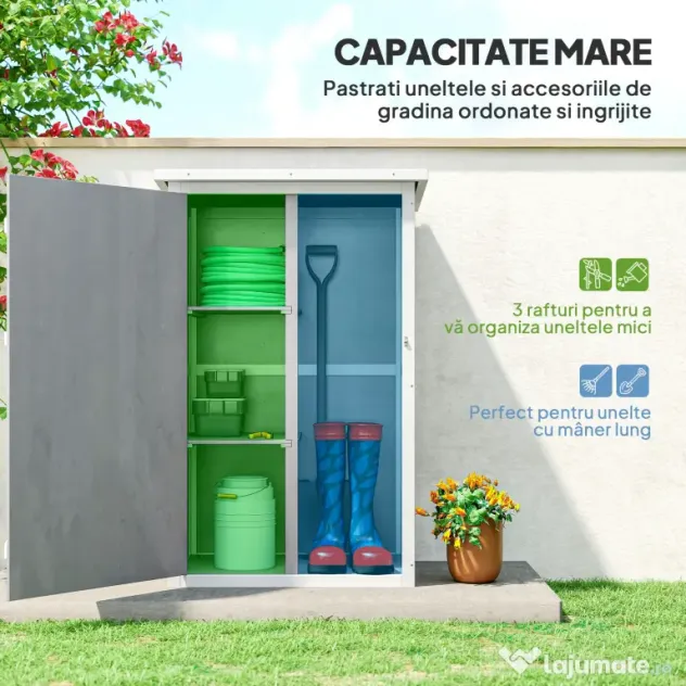 Outsunny Dulap de Grădină din Lemn, Căsuță pentru Scule și Unelte de Exterior cu 2 Rafturi și Acoperiș Impermeabil Bituminoas, 75x56x115 cm, Gri