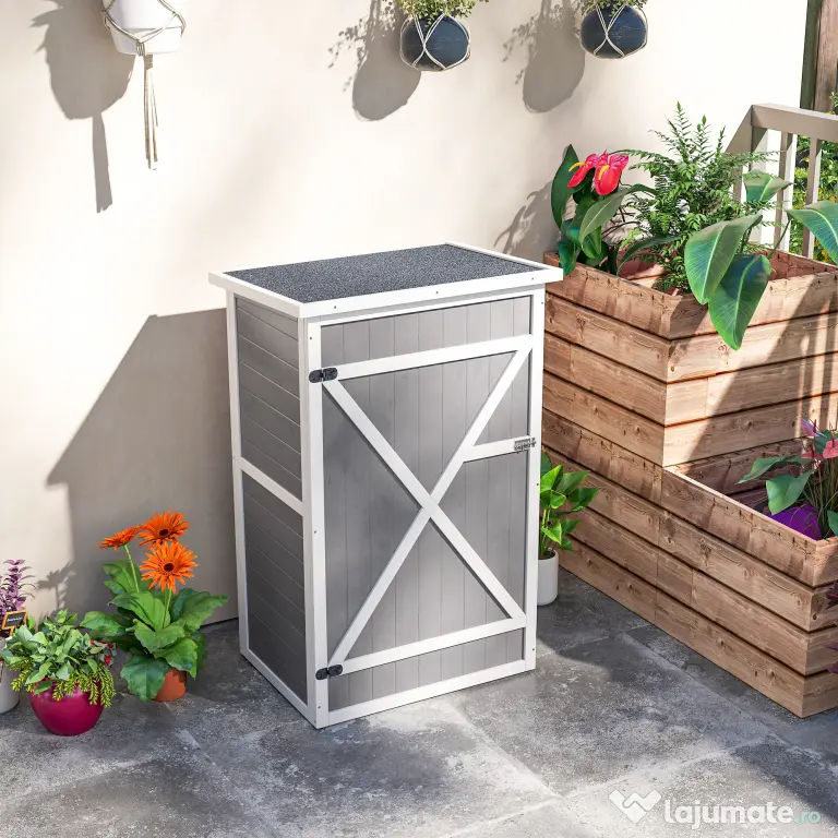 Outsunny Dulap de Grădină din Lemn, Căsuță pentru Scule și Unelte de Exterior cu 2 Rafturi și Acoperiș Impermeabil Bituminoas, 75x56x115 cm, Gri