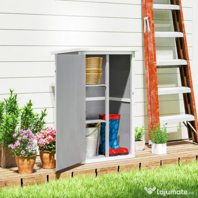 Outsunny Dulap de Grădină din Lemn, Căsuță pentru Scule și Unelte de Exterior cu 2 Rafturi și Acoperiș Impermeabil Bituminoas, 75x56x115 cm, Gri