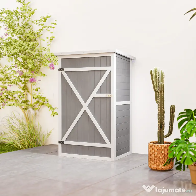 Outsunny Dulap de Grădină din Lemn, Căsuță pentru Scule și Unelte de Exterior cu 2 Rafturi și Acoperiș Impermeabil Bituminoas, 75x56x115 cm, Gri