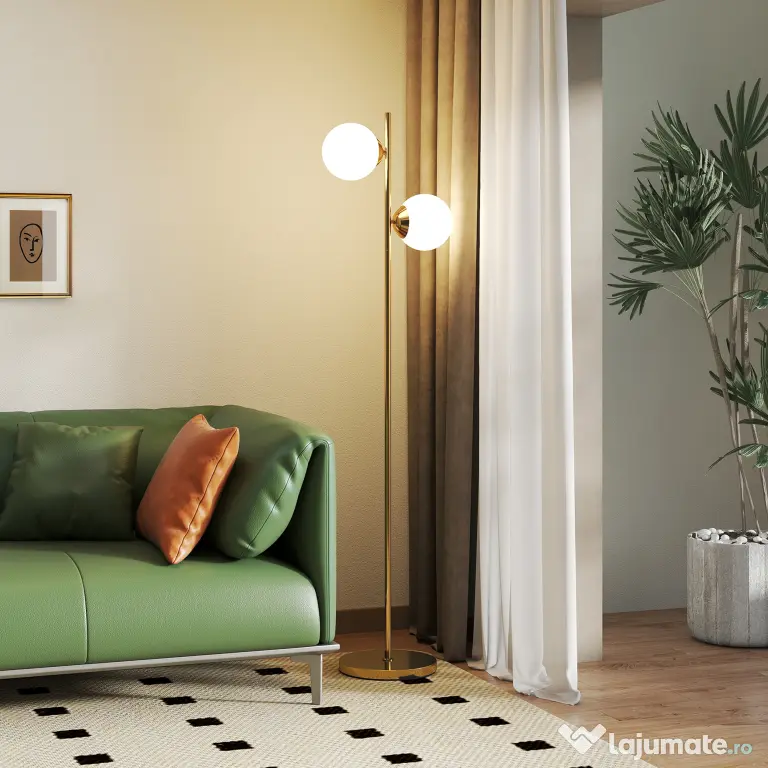HOMCOM Lampă de Podea cu 2 Lumini și Abajururi Sferice, Comutator de Picior și Soclu E27, Ø28x165 cm, Aur